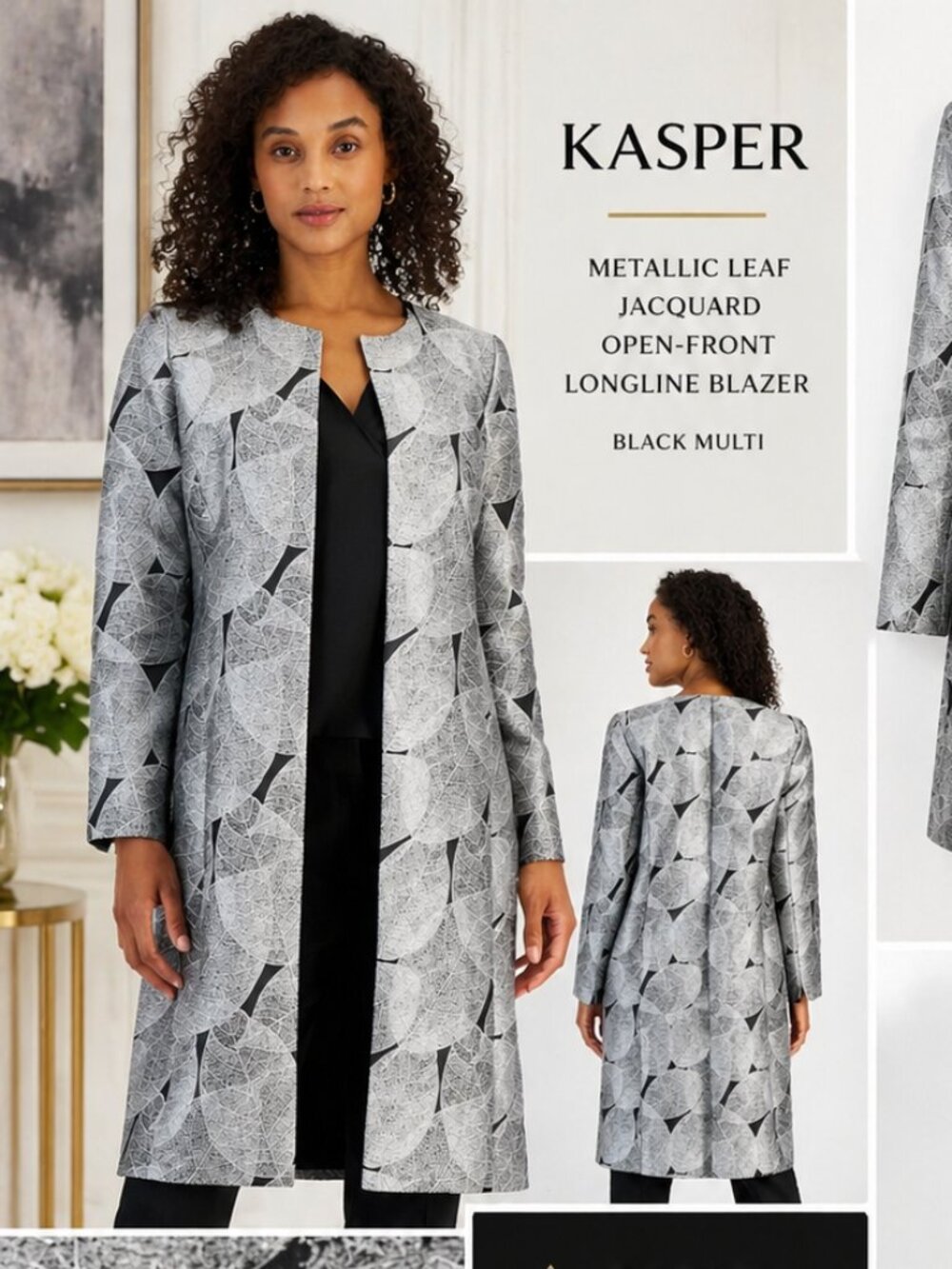 Kasper Metallic Leaf Jacquard Longline Blazer Black 12 NWT Career